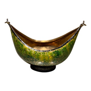 Green Gold Kashkul Sufi Dervish Begging Bowl Paper Mache Modern For Sale