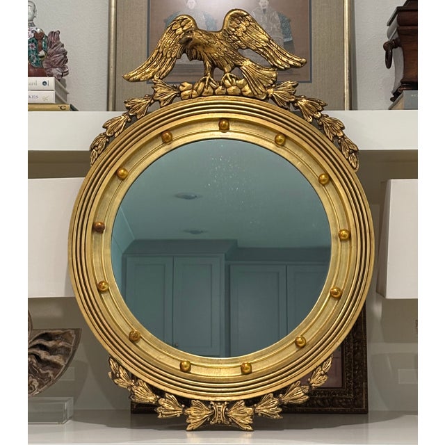 Vintage Large Scale American Federal Revival Giltwood Eagle Crest Round Mirror For Sale - Image 13 of 17