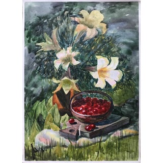 Watercolor Painting Flowers and Fruits Unknown Artist For Sale