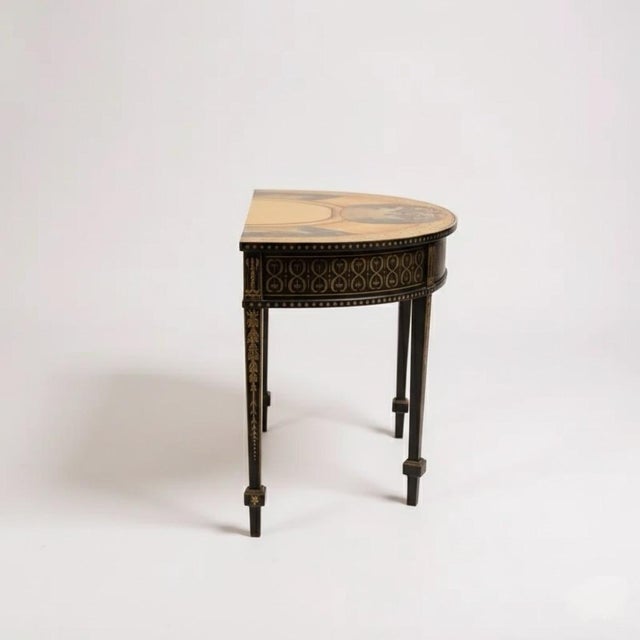 English 1980s Neoclassical Hand-Painted Ebonized & Gilt Demilune Console Table For Sale - Image 3 of 8