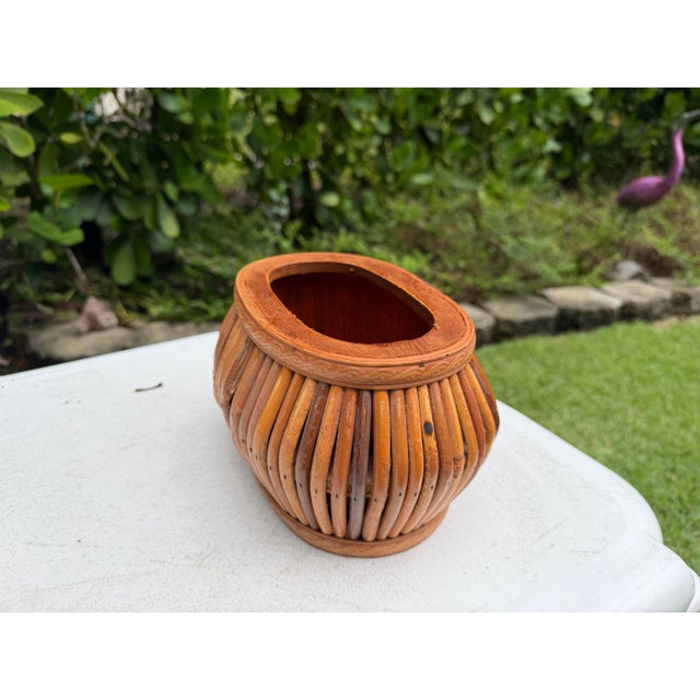 Late 20th Century Vintage Rattan Cachepot With Decorative Wood Trim For Sale - Image 5 of 12