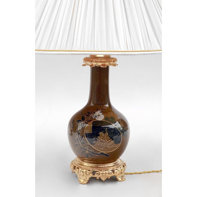 Antique Japanese Style Brown & Blue Porcelain Lamps, Set of 2 For Sale - Image 5 of 7