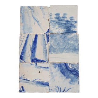 18th Century Portuguese Hand-Painted Baroque Landscape Tiles Featuring Figure Drapery & Scenic Elements, Set of 6 For Sale