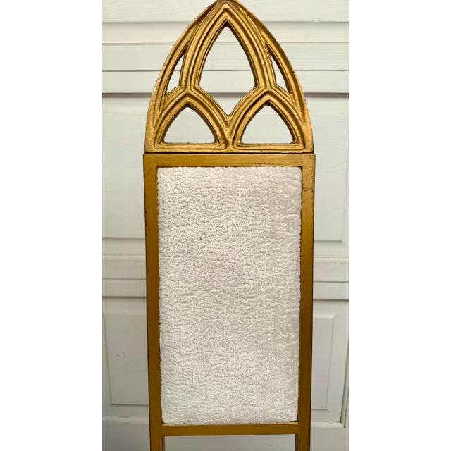 Gothic Pair of Hollywood Regency Gothic Revival Gold Dining or Accent Chairs in Ivory Bouclé For Sale - Image 3 of 9