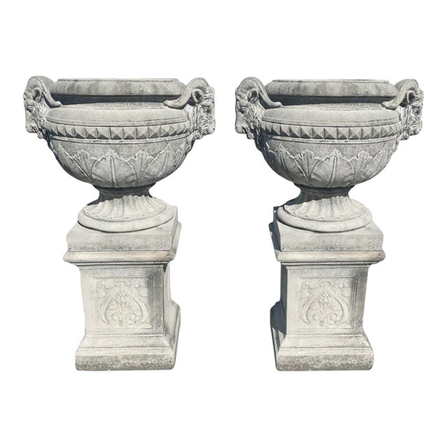 Pair of Garden Urns on Pedestals For Sale