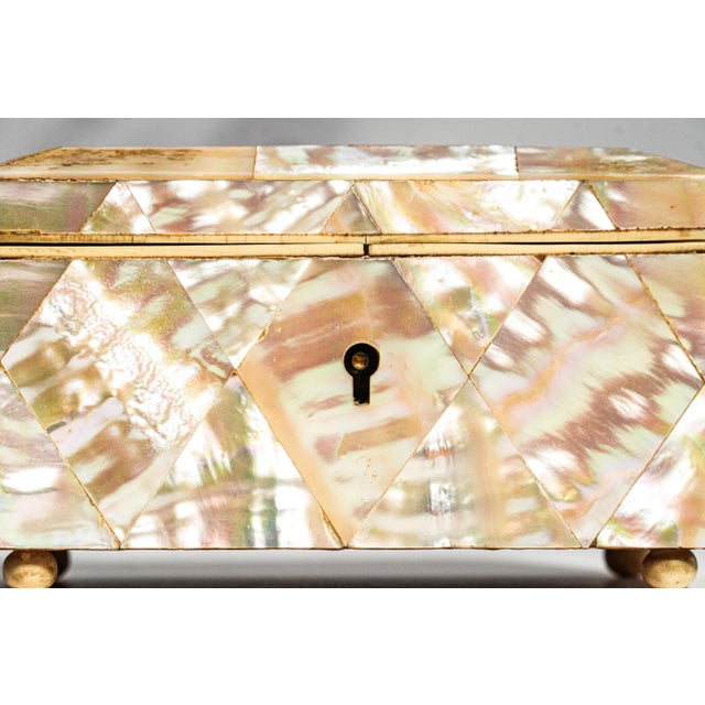 Victorian Rare Antique English Mother of Pearl Jewelry Box Victorian Miniature Keepsake Box With Key For Sale - Image 3 of 14