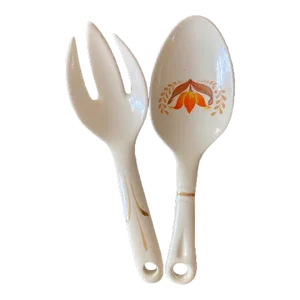 Mid 20th Century Ivory Floral Porcelain Salad Set Serving Spoon and Fork, a Pair