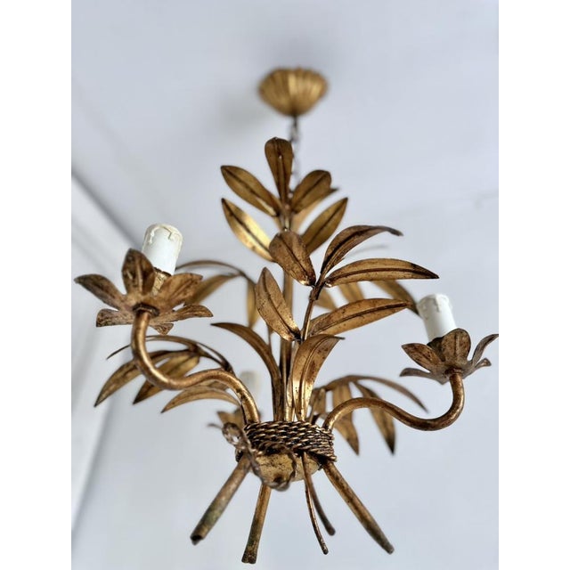 French Gilt Palm Leaf Chandelier, 1950 For Sale - Image 6 of 15