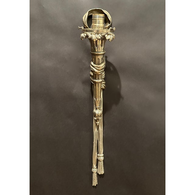 Silver Early 20th Century Pair Of Silvered Bronze Torch Form Sconces With Cut Glass Shades For Sale - Image 8 of 9