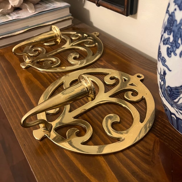 Mid-Century Modern Vintage Polished Brass “Tree of Life” Round Wall Sconces, Candlestick Sconces For Sale - Image 3 of 7