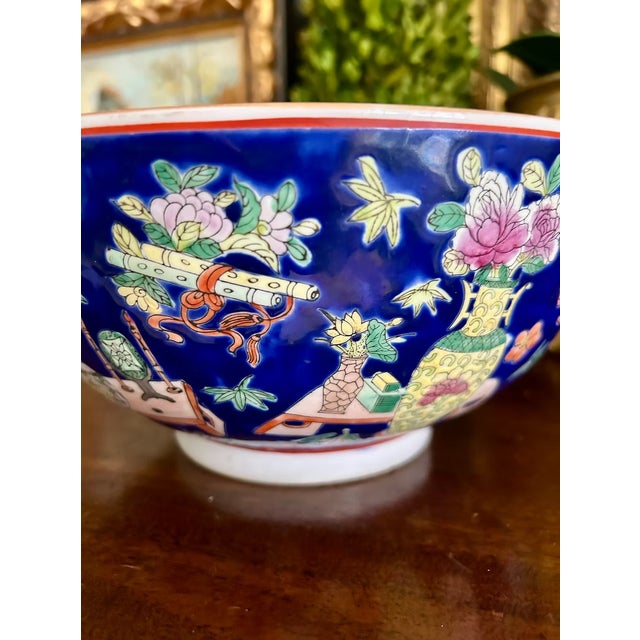 Vintage Chinese Famille Rose Cobalt Blue Porcelain Bowl For Sale - Image 4 of 7