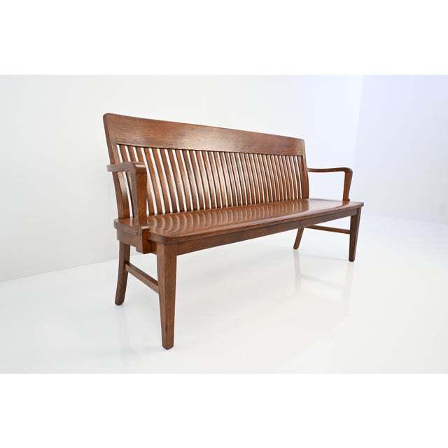 Antique American Oak Lawyer’s Bench | Newly Refinished For Sale - Image 4 of 18