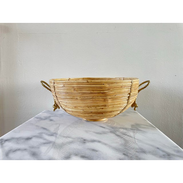Hollywood Regency 1970s Vintage Mid-Century Crespi Style Bamboo Brass & Rattan Bowl For Sale - Image 3 of 8