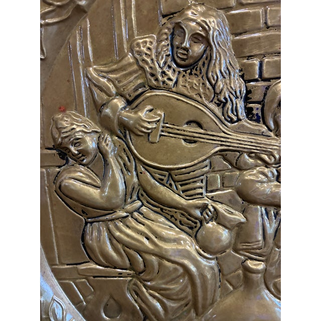 English Embossed Brass Decorative Wall Plate With Medieval Musicians Scene For Sale - Image 11 of 15