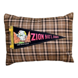 Utah Zion National Park Vintage Black Pennant on New Woven Plaid Throw Pillow For Sale