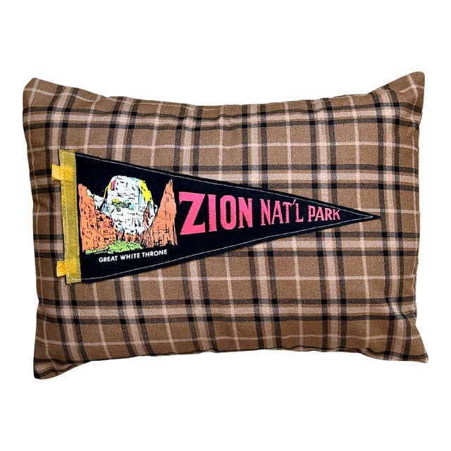 Utah Zion National Park Vintage Black Pennant on New Woven Plaid Throw Pillow For Sale