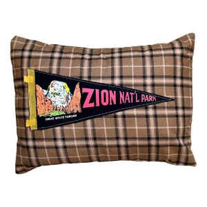 Utah Zion National Park Vintage Black Pennant on New Woven Plaid Throw Pillow