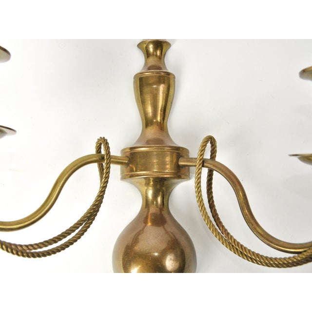 Brass Pair of Hollywood Regency Brass Rope & Tassel Wall Sconces | Double Taper Wall Candle Holders For Sale - Image 8 of 15