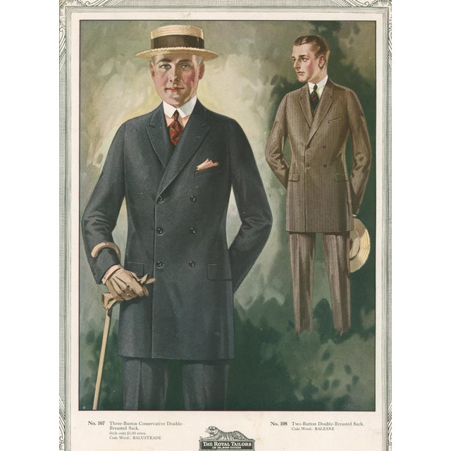 Original vintage men’s fashion advertising plate from The Royal Tailors, 'In 10,000 Cities.' Features No. 107, a three-...