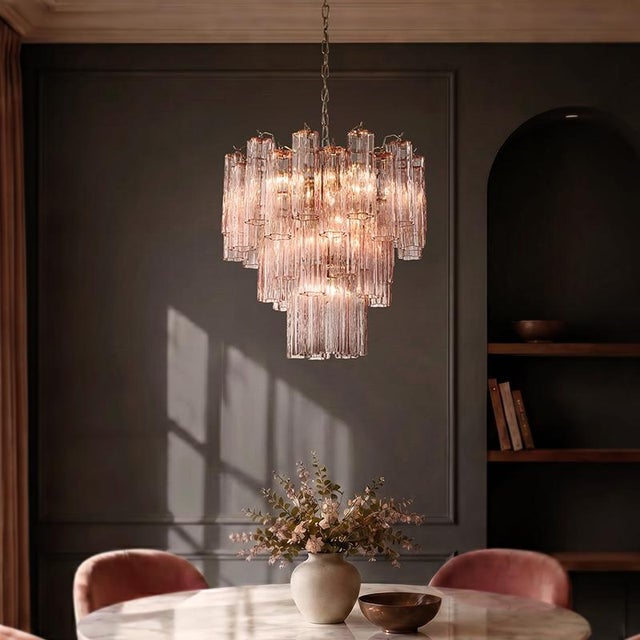 Aloadecor 23'' Modern Pink Textured Glass Chandelier in Polished Nickel Elegant Glam Tiered Pendant Light For Sale In Houston - Image 6 of 12