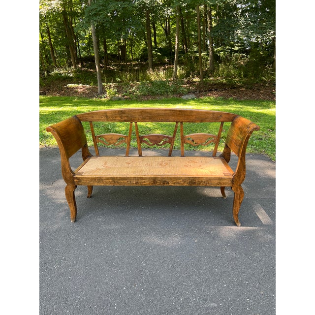 Rustic European Early 19th Century Carved Elm Bench, Rush Seat For Sale - Image 3 of 5