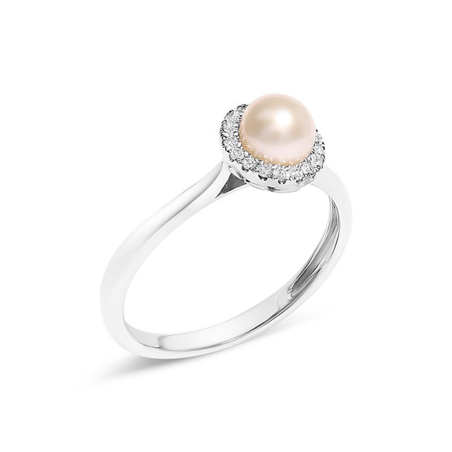 Contemporary 10K White Gold 5MM Cultured Freshwater Pearl and Diamond Halo Ring (I-J Color, I1-I2 Clarity) - Ring - Size 5.5 For Sale - Image 3 of 6