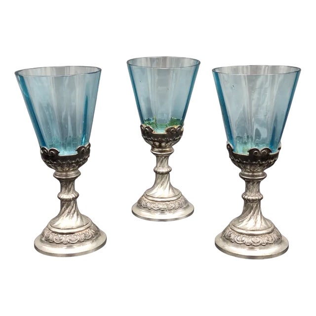 Art Nouveau Glasses with Metal Bases, 1900s, Set of 3 For Sale