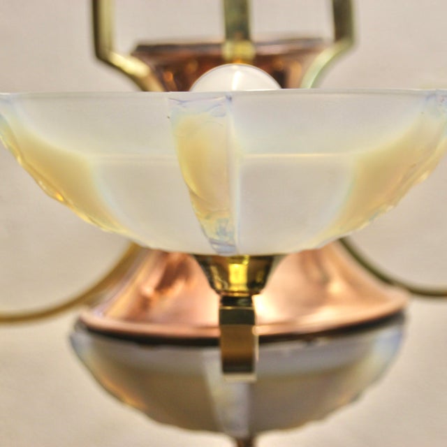 French Opalescent 3-Arm Chandelier in Brass and Glass from Petitot, 1930s For Sale - Image 14 of 16