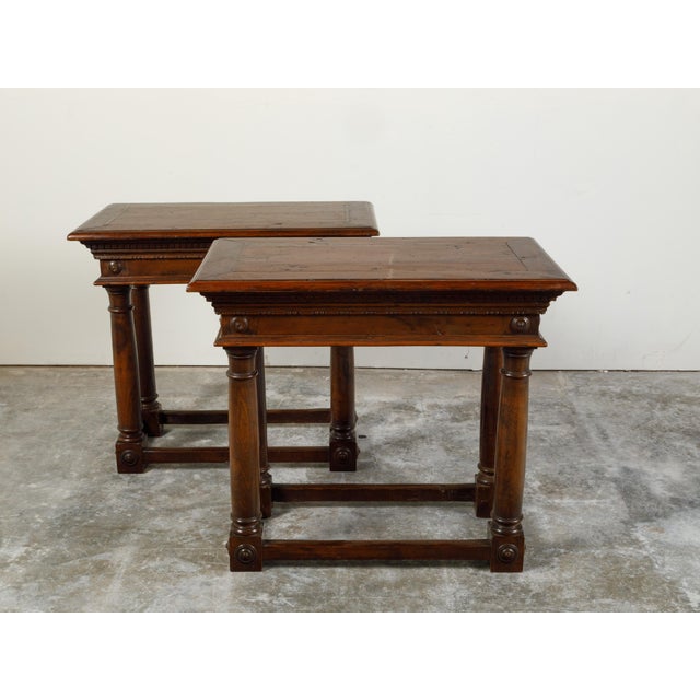 Wood Pair of Italian 19th Century Carved Walnut Console Tables with Doric Columns For Sale - Image 7 of 12
