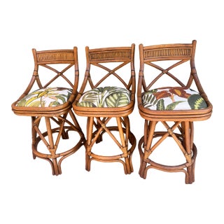 1960s Rare Trio of X-Back Bamboo Swivel Counter Stools (3) - Refurbished and Reupholstered For Sale