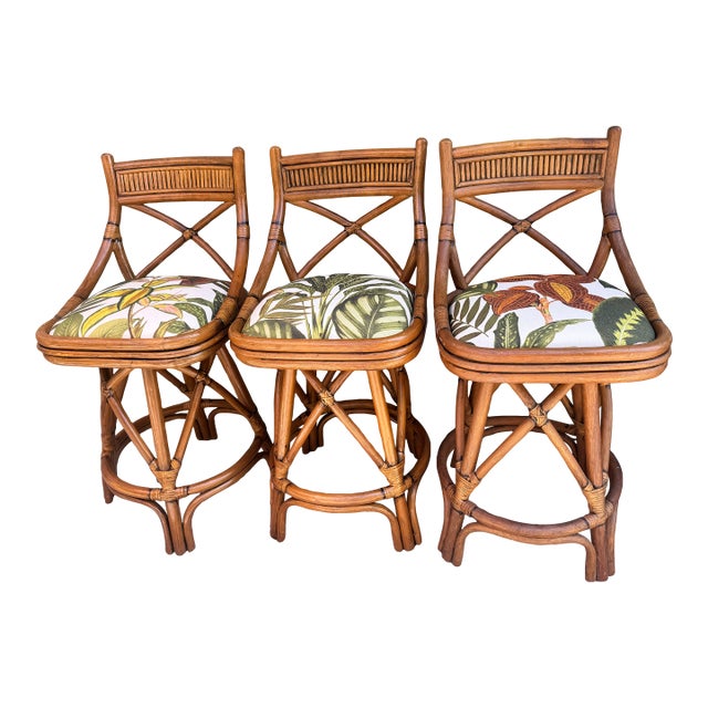 1960s Rare Trio of X-Back Bamboo Swivel Counter Stools (3) - Refurbished and Reupholstered For Sale