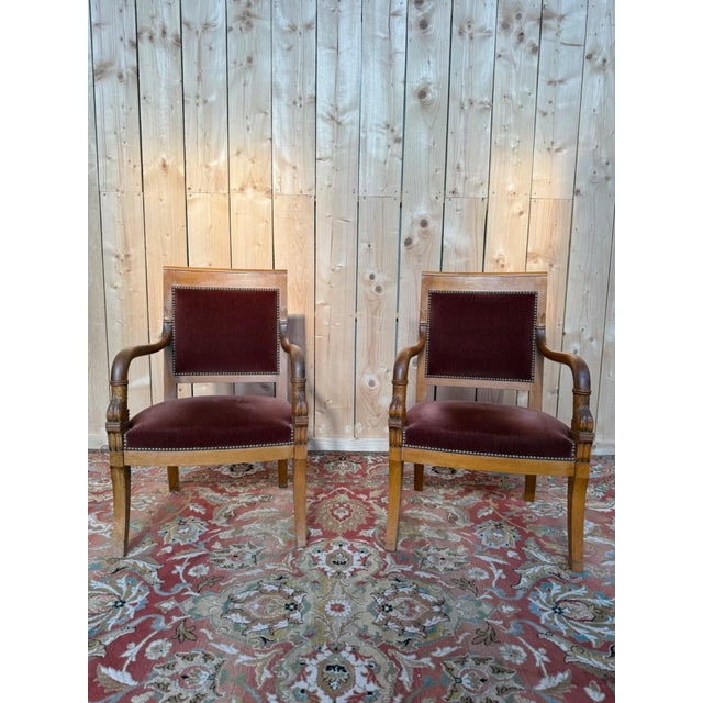 Wood Empire Armchairs with Dolphin Armrests in Beech and Velvet, 1960s, Set of 2 For Sale - Image 7 of 7