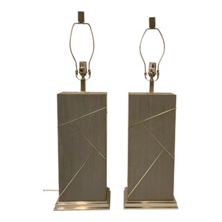 Currey & Co. Modern Geometric Gray Wood Table Lamps Pair Prototypes For Sale