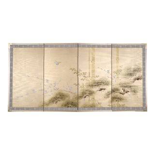 1950s Japanese Byobu "Bird in a Bamboo Forest" Hand Painted and Hand Signed 4-Panel Silk Folding Screen Excellent Front and Very Good + Back Panels For Sale