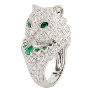 Luxury 18k Gold Cluster Diamond Emerald Cat Ring Size 6.5 For Sale