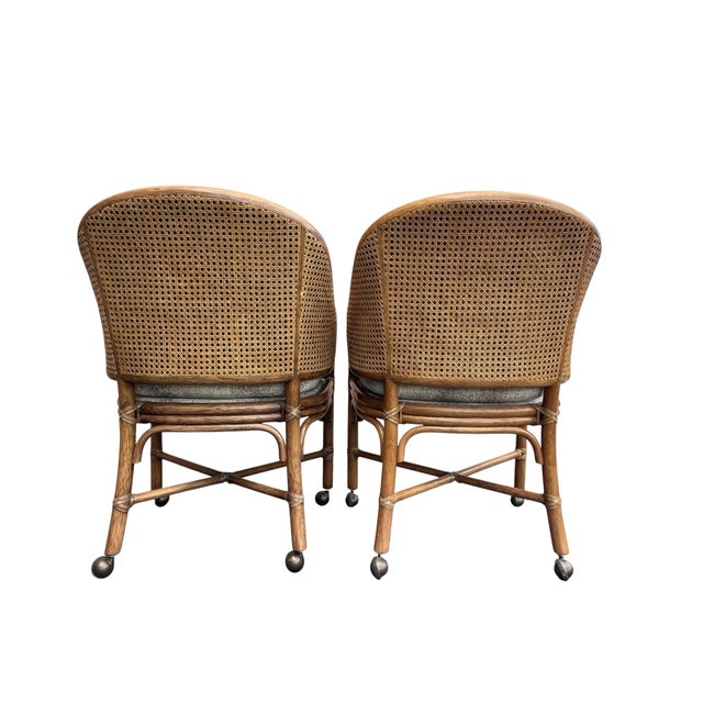 Early 21st Century McGuire San Francisco Rattan & Cane Toboggan Dining Armchairs on Casters - Pair For Sale - Image 5 of 12