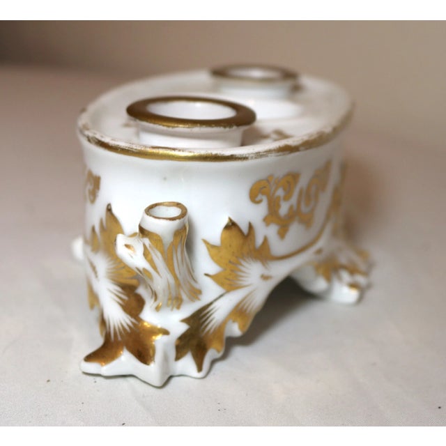 Antique 19th Century Hand Painted Gold Gilded Porcelain Writing Stand Inkwell For Sale - Image 10 of 11