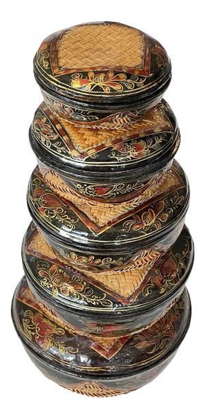 1970 Round With Lids Lacquer Bamboo Baskets - Set of 5