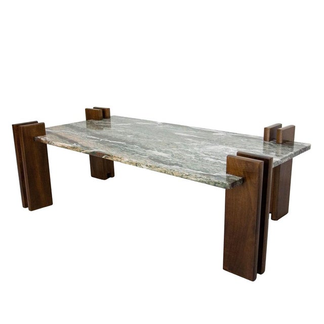 French Walnut Coffee Table with Marble Top in the style of Celina Decoracões, 1960s For Sale - Image 4 of 18