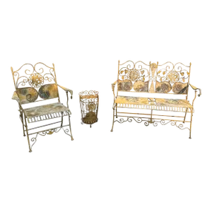 Antique Folding Wrought Iron Grapevine/Sunflower Patio Seating & Planter, 3 Pieces