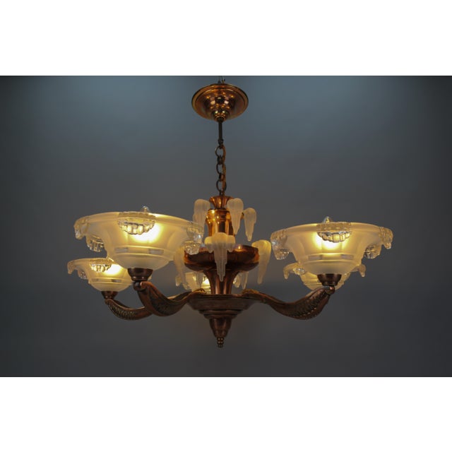 1930s Art Deco French Frosted Glass, Brass, and Copper Chandelier, 1930s For Sale - Image 5 of 18