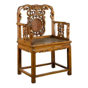 Chinese Antique Carved Wood Armchair with Medallion, Mythical Animal and Clouds