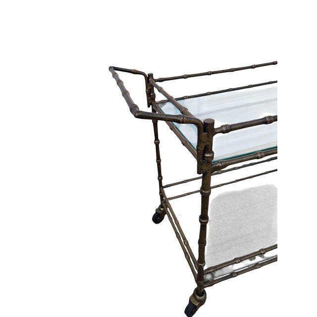 Italian Vintage Faux Bamboo Italian Tea Bar Cart Bronze Server Console Maison Style For Sale - Image 3 of 18