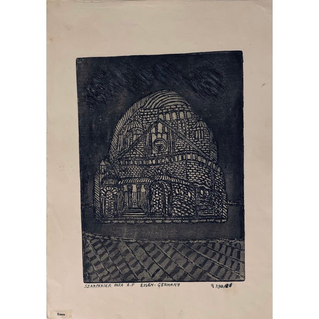 Cracow Poland Etching of Polish Synagogue, Jewish temple. From very rare small edition. Most are signed in Hebrew and /or...