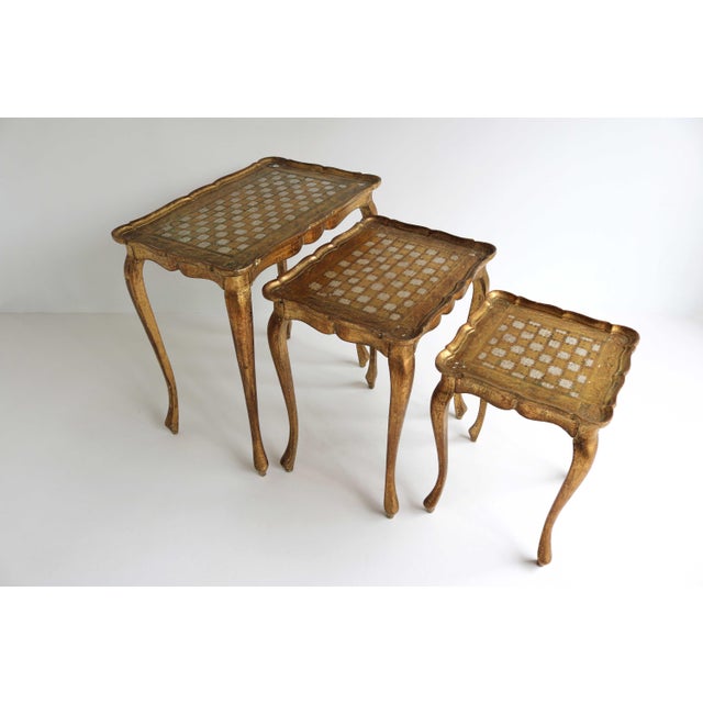 Florentine Regency Style Hand-Painted Gilded Nesting Tables, Italy, 1960s, Set of 3 For Sale - Image 9 of 11