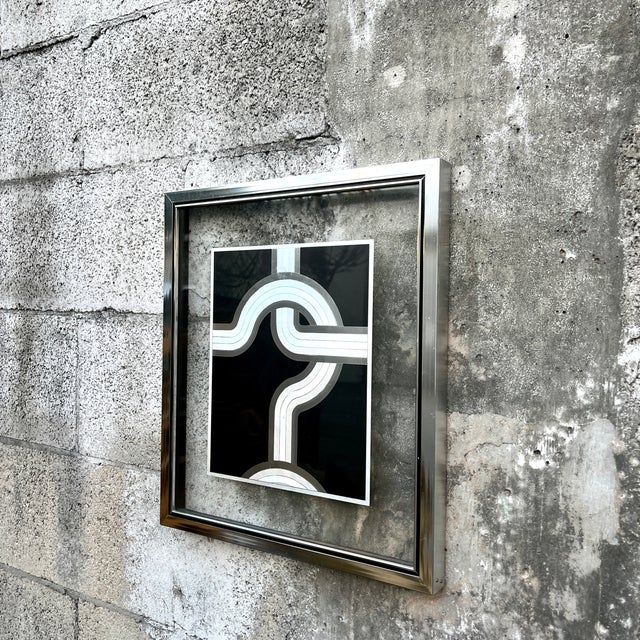 Vintage 1970s Op-Art Geometric Black and Silver Foil Framed Print. For Sale - Image 4 of 17