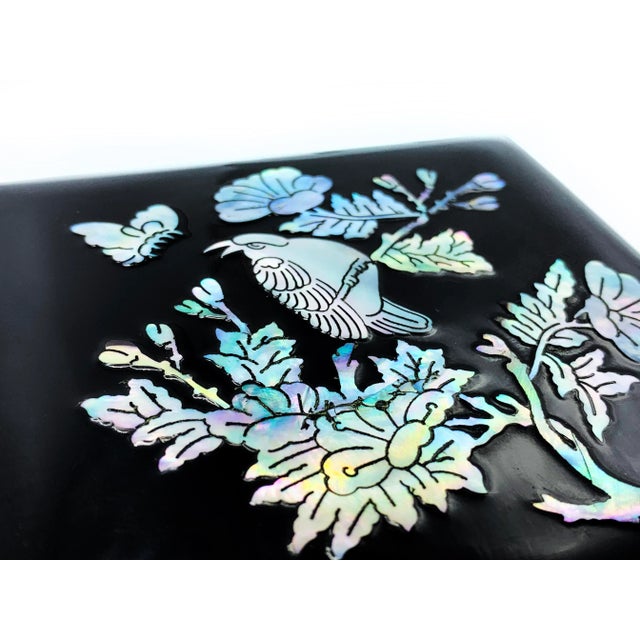 Vintage Black Lacquerware Trinket Boxes with Mother of Pearl & Abalone Inlay Lids - a Pair For Sale - Image 4 of 5