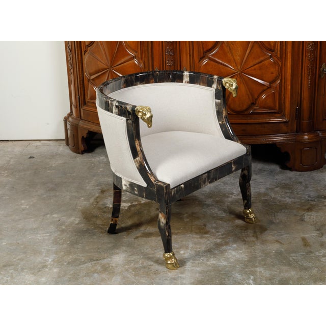 Mid-Century Modern Mid 20th Century Italian Midcentury Horn Tub Chair with Gilt Rams' Heads and New Upholstery For Sale - Image 3 of 11