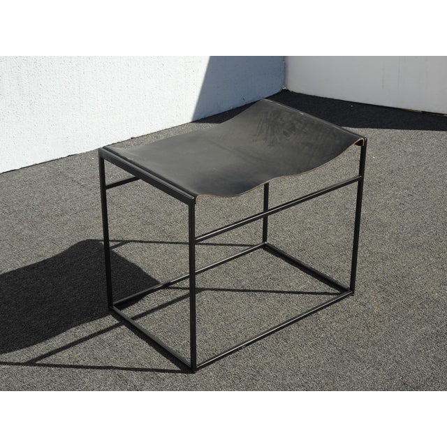 Black Bench With Leather Seat Stool W Metal Frame #2 For Sale - Image 4 of 12