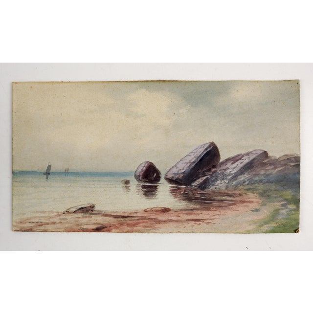 English Early 20th Century Rocky Beach Scene Watercolor Painting For Sale - Image 3 of 3